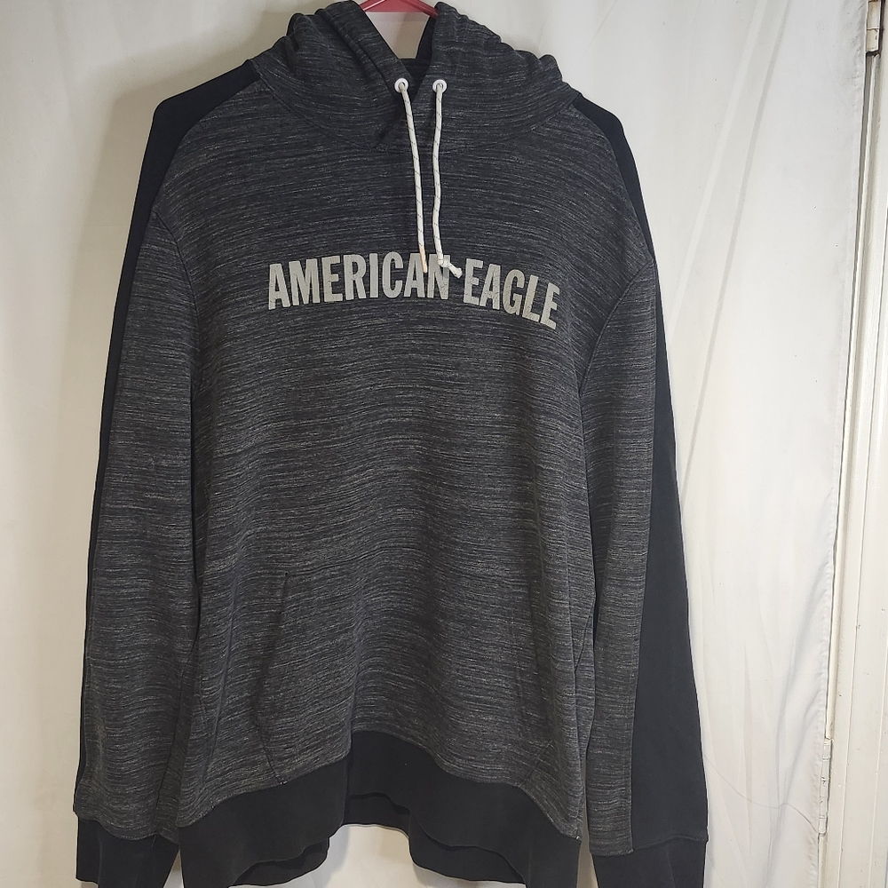 American Eagle Men's Black Gray Hoodie Size Large Pullover Lettering Sweatshirt